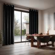 Black Velvet Grommet Blackout Curtains for Sliding Doors in a Dining Room with Off-White Walls
@Heading: Grommets