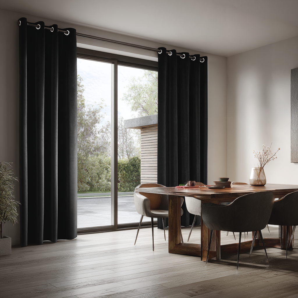 Black Velvet Grommet Blackout Curtains for Sliding Doors in a Dining Room with Off-White Walls
@Heading: Grommets