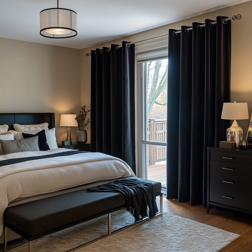 Black Velvet Grommet Blackout Curtains in a Bedroom with Tan Walls