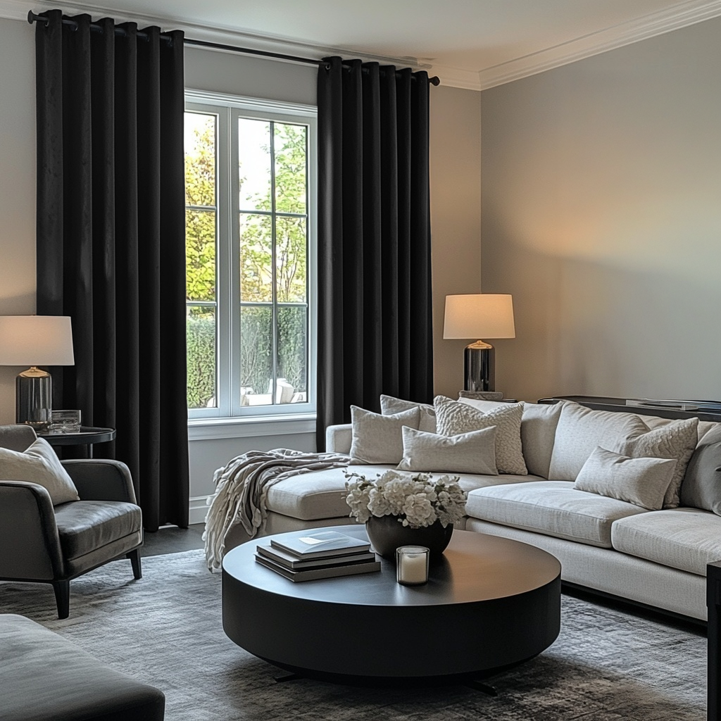 Black Velvet Grommet Blackout Curtains in a Living Room with Grey Walls