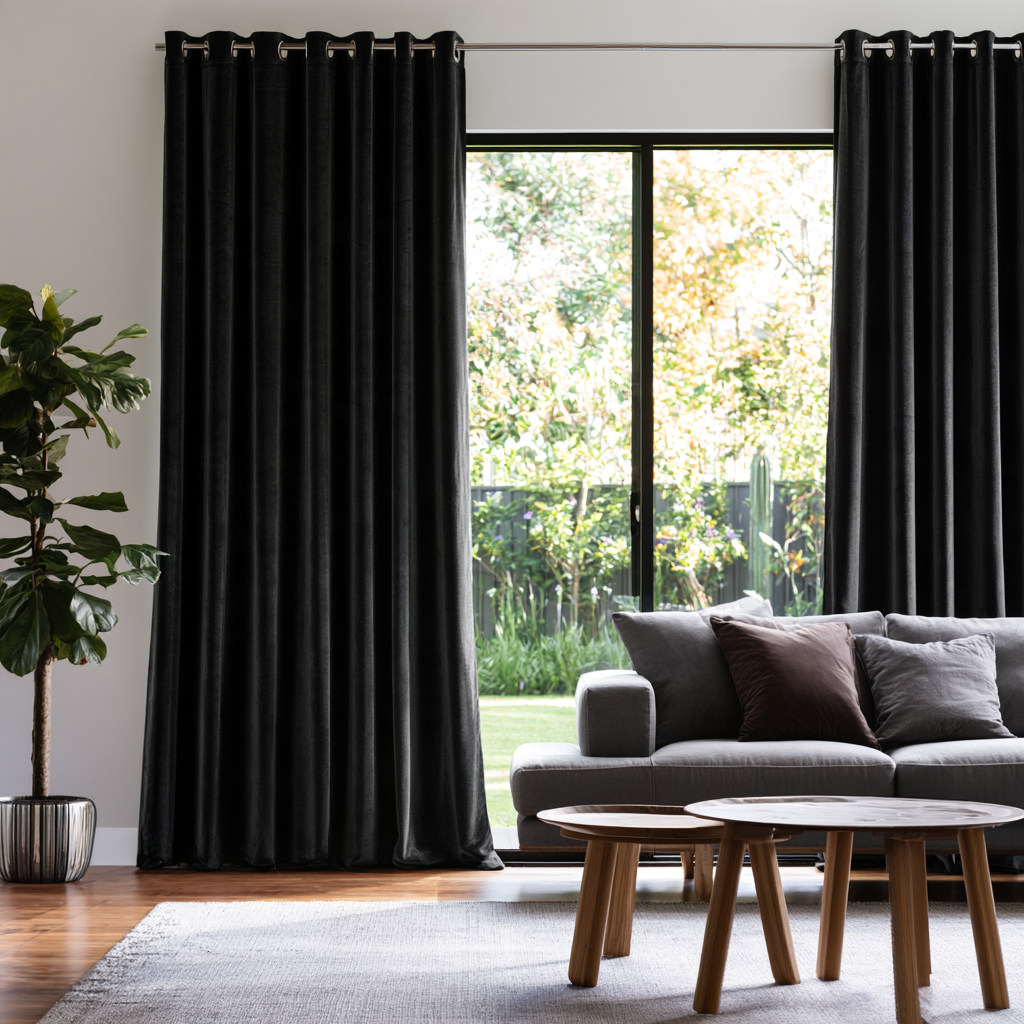 Black Velvet Grommet Extra Long Curtains in a Modern Living Room with Grey Sofa and Garden View