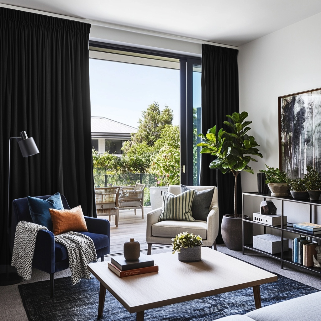 Black Velvet Pencil Pleat Blackout Curtains for Sliding Doors in a Living Room with Bright White Walls
@Heading: Pencil Pleat