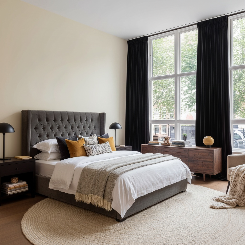 Black Velvet Pencil Pleat Blackout Curtains in a Bedroom with Cream Walls