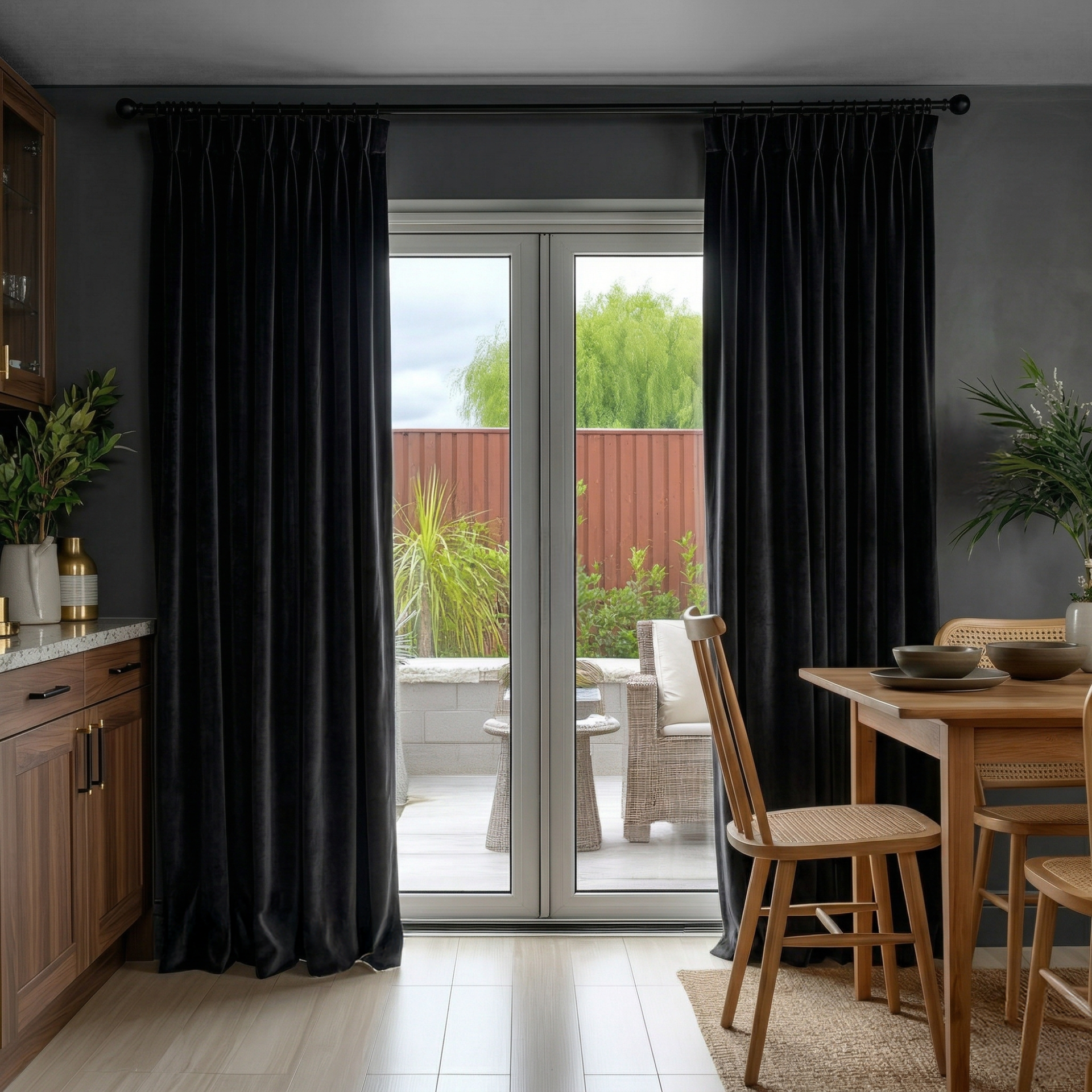 Black Velvet Pinch Pleat Blackout Curtains for Sliding Doors in a Kitchen with Charcoal Walls