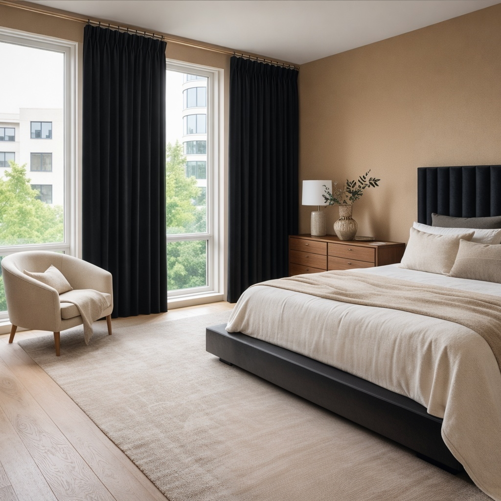 Black Velvet Pinch Pleat Blackout Curtains in a Bedroom with Tan Walls