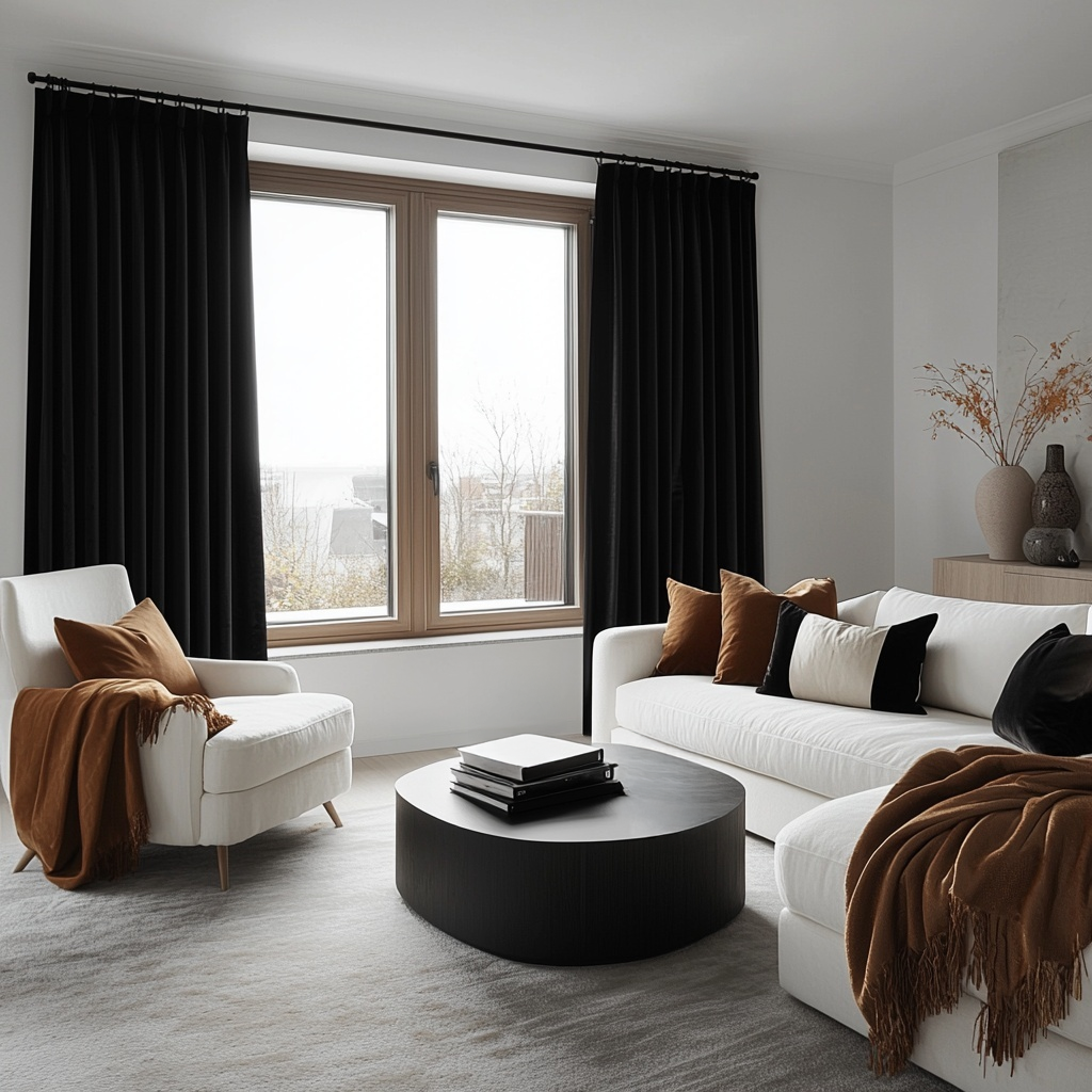 Black Velvet Pinch Pleat Blackout Curtains in a Living Room with Crisp White Walls