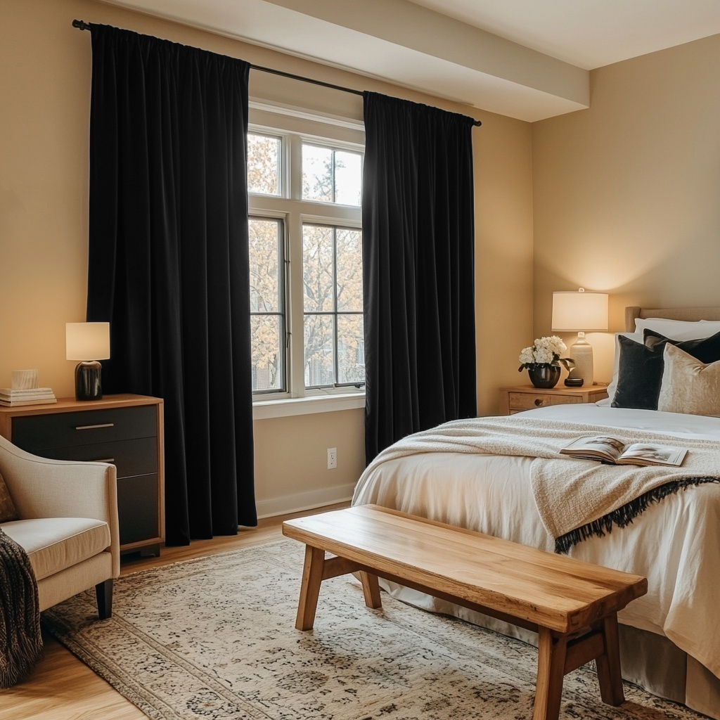 Black Velvet Rod Pocket Blackout Curtains in a Bedroom with Warm Beige Walls