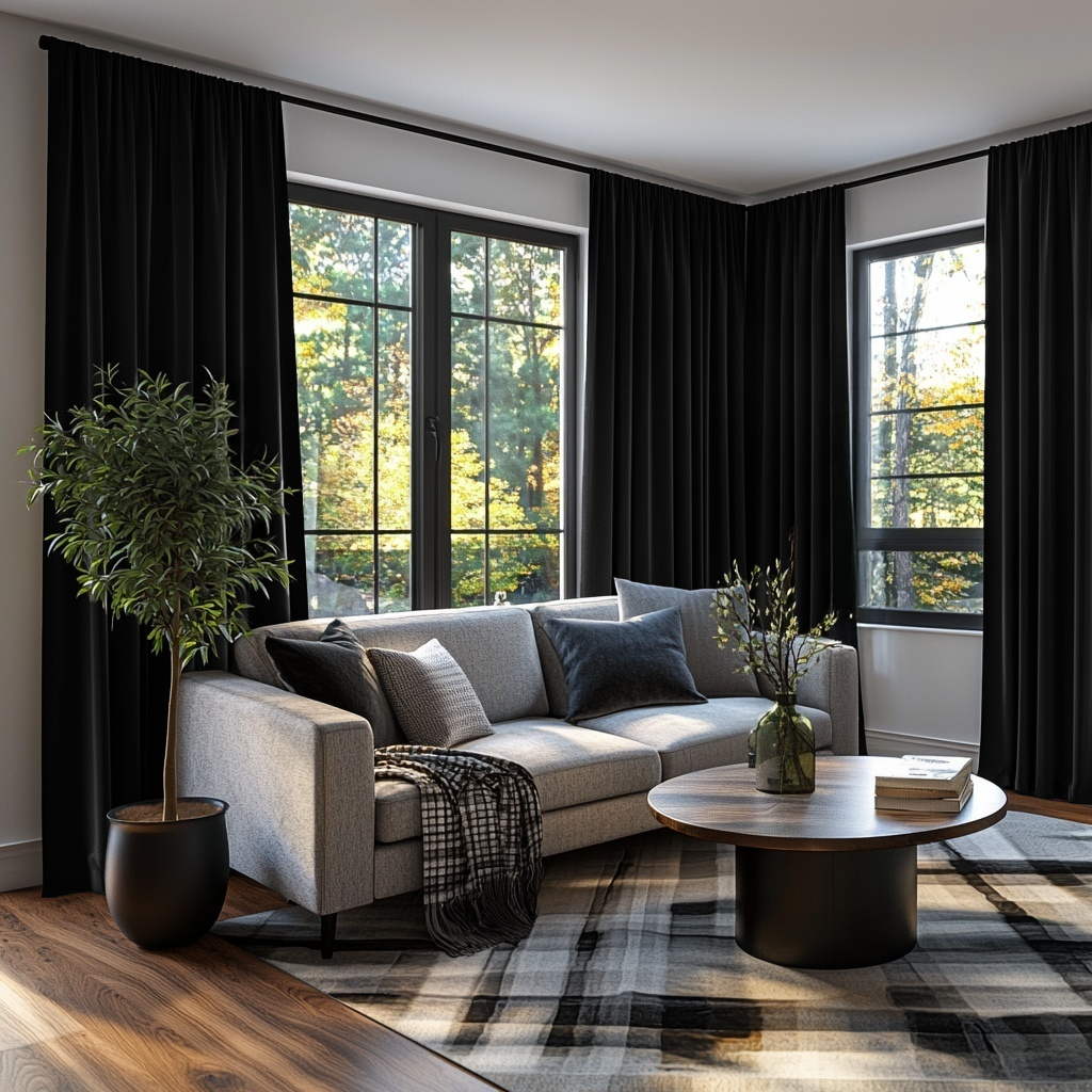 Black Velvet Rod Pocket Blackout Curtains in a Living Room with Crisp White Walls