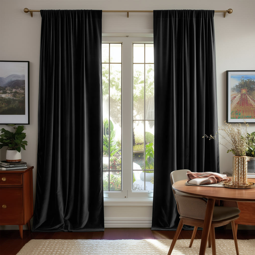 Black Velvet Curtains in a Spacious Dining Room with White Walls and a Round Brown Table, Soft Chairs