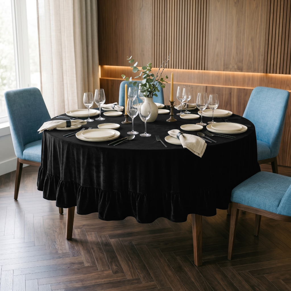 Black Velvet Round Ruffle Tablecloth in a Modern Dining Room with Fluted Wood Walls and Blue Upholstery