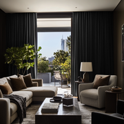 Black Velvet S-Fold Blackout Curtains for Sliding Doors in a Living Room with Brown Walls
@Heading: S-Fold