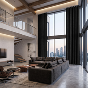 Black Velvet S-Fold Extra Long Curtains in a Contemporary High-Rise Living Room with a City Skyline View and Floating Staircase