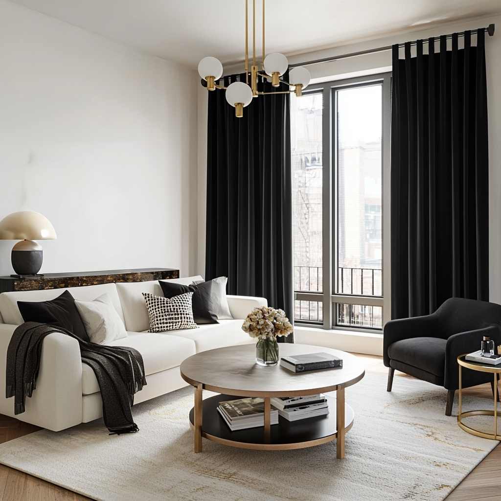 Black Velvet Tab Top Blackout Curtains in a Living Room with Warm White Walls