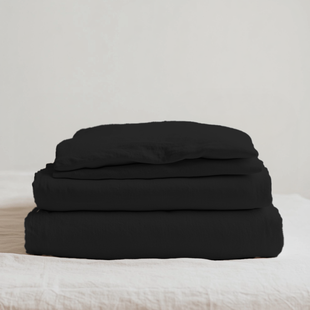 Black Washed Linen Deep Pocket Fitted Sheet Set