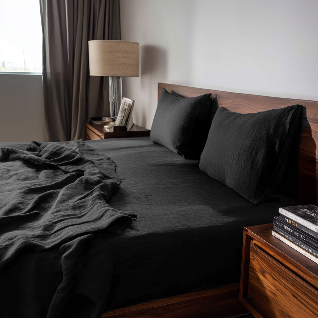 Black Washed Linen Deep Pocket Fitted Sheet Set 