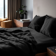 Black Washed Linen Deep Pocket Fitted Sheet Set 