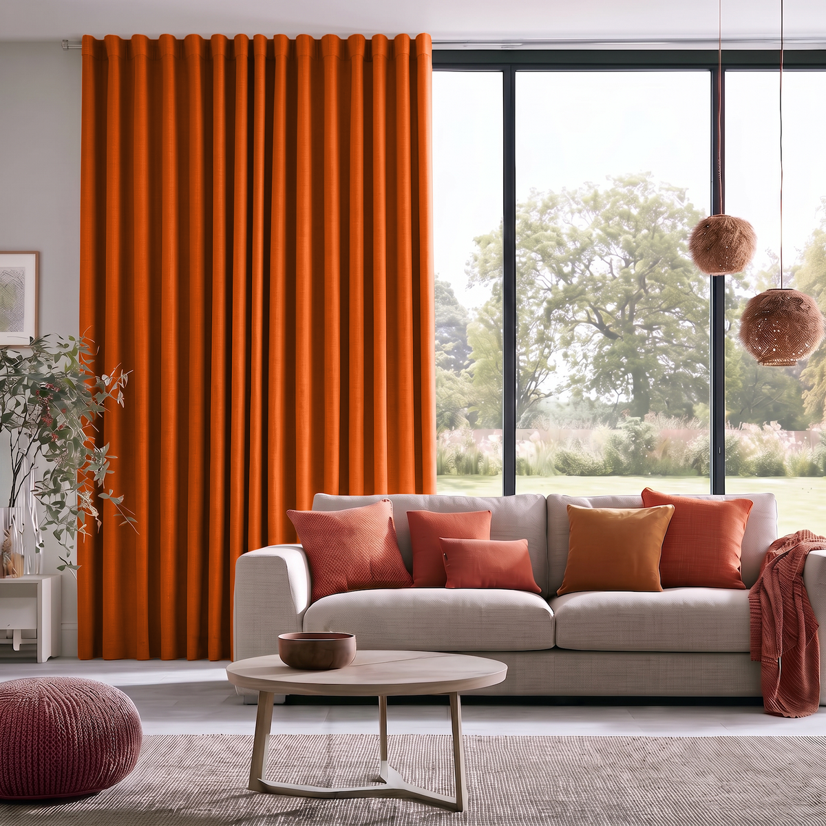 Burnt Orange Linen Back Tab Extra Long Curtains in a Contemporary Living Room with Light Gray Sofa, Orange Accent Pillows and a Round Coffee Table 