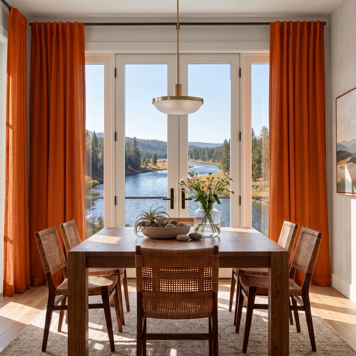 Burnt Orange Linen Back Tab Curtains in a Modern Scenic Dining Room with Off-White Walls and a Square Wooden Table Featuring Woven Chairs - Cotton Lining