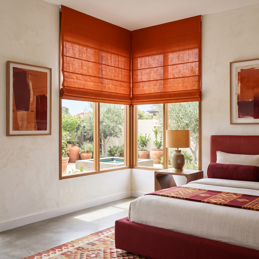Burnt Orange Linen Cordless Roman Shades in a Modern Bedroom with Off-White Textured Walls and a Burgundy Upholstered Bed