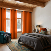 Burnt Orange Linen Grommet Curtains in a Warm Rustic Bedroom with Cream Walls - Cotton Lining