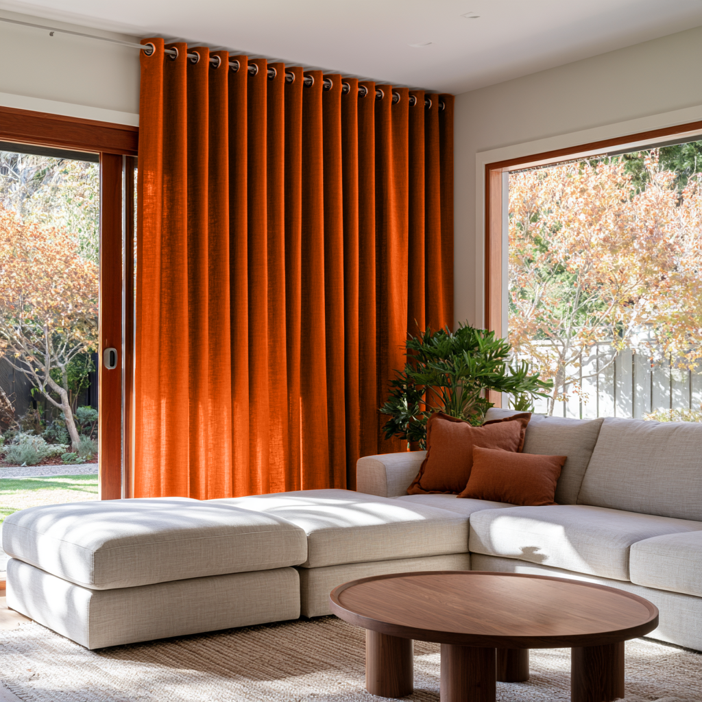 Burnt Orange Linen Grommet Extra Long Curtains in a Contemporary Living Room with Light Beige Sectional Sofa and Large Garden Windows