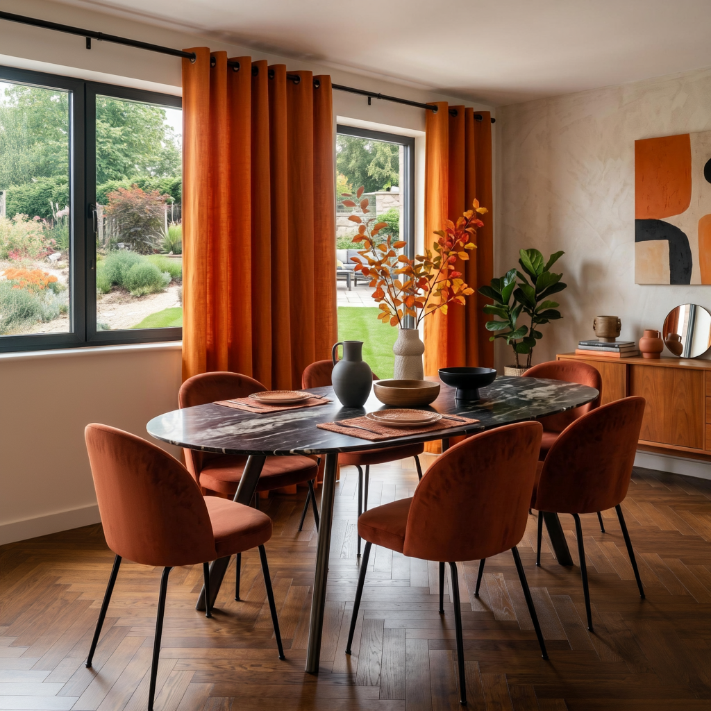 Burnt Orange Linen Grommet Curtains in a Contemporary Dining Room with Light Grey Plaster Walls and a Black Marble Oval Table Surrounded by Velvet Chairs - Cotton Lining 