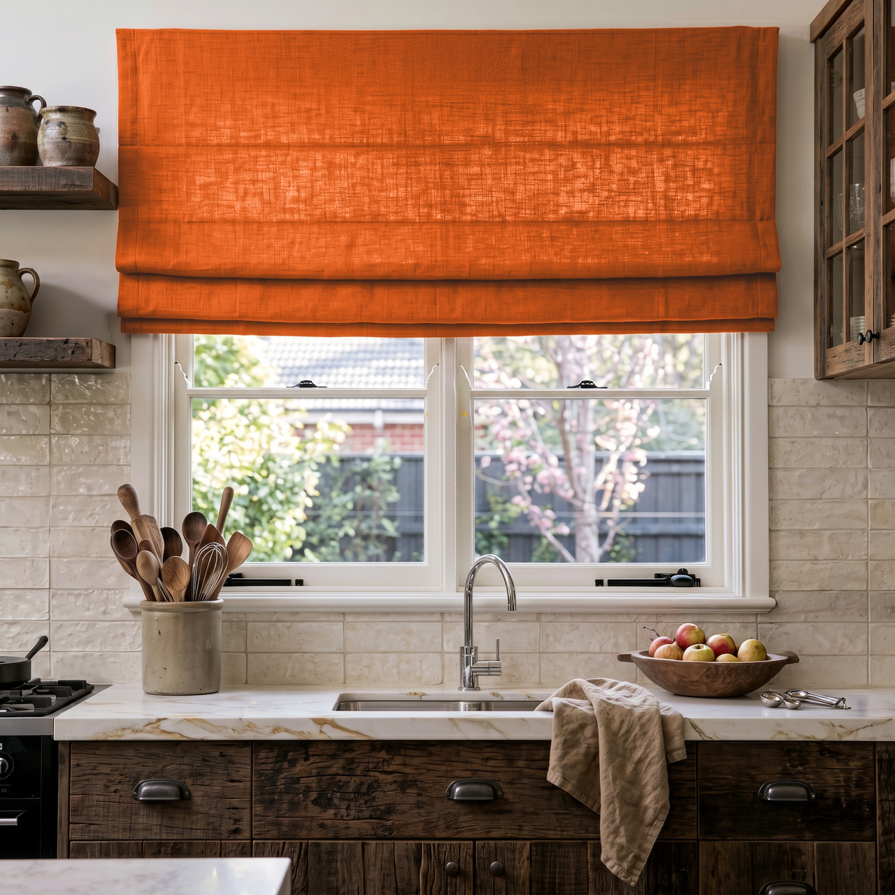Burnt Orange Linen Roman Shades in a Rustic Contemporary Kitchen with Dark Wood Cabinetry - Cotton Lining