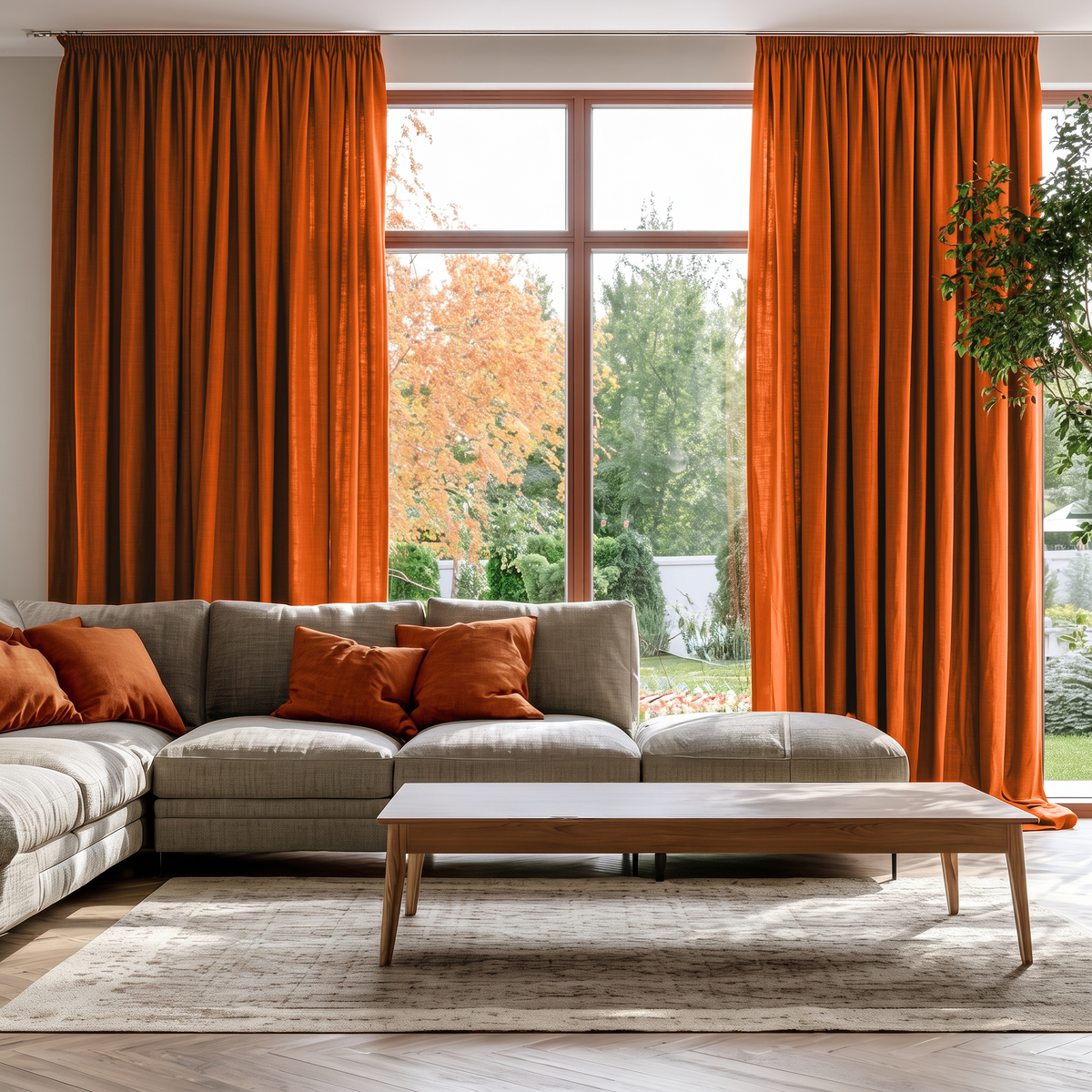 Burnt Orange Linen Pencil Pleat Extra Long Curtains in a Modern Living Room with a Light Gray Sectional Sofa, Matching Orange Accent Pillows and a Garden View