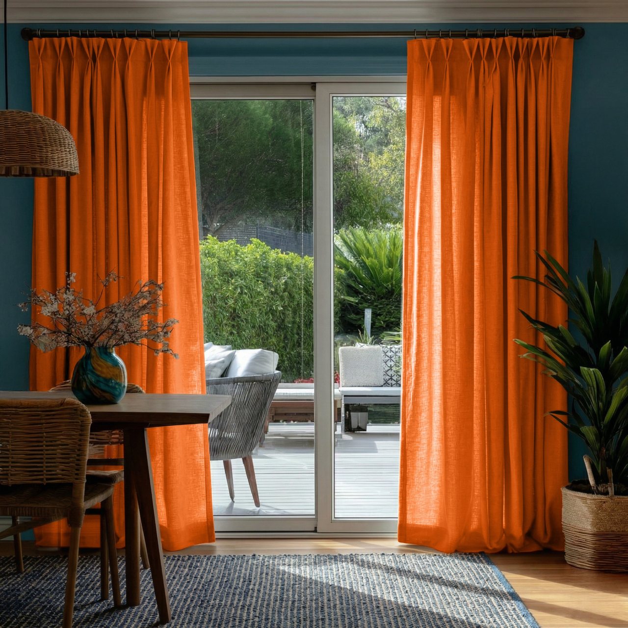 Burnt Orange Linen Pinch Pleat Curtains for Sliding Doors in a Dining Room with Blue Walls