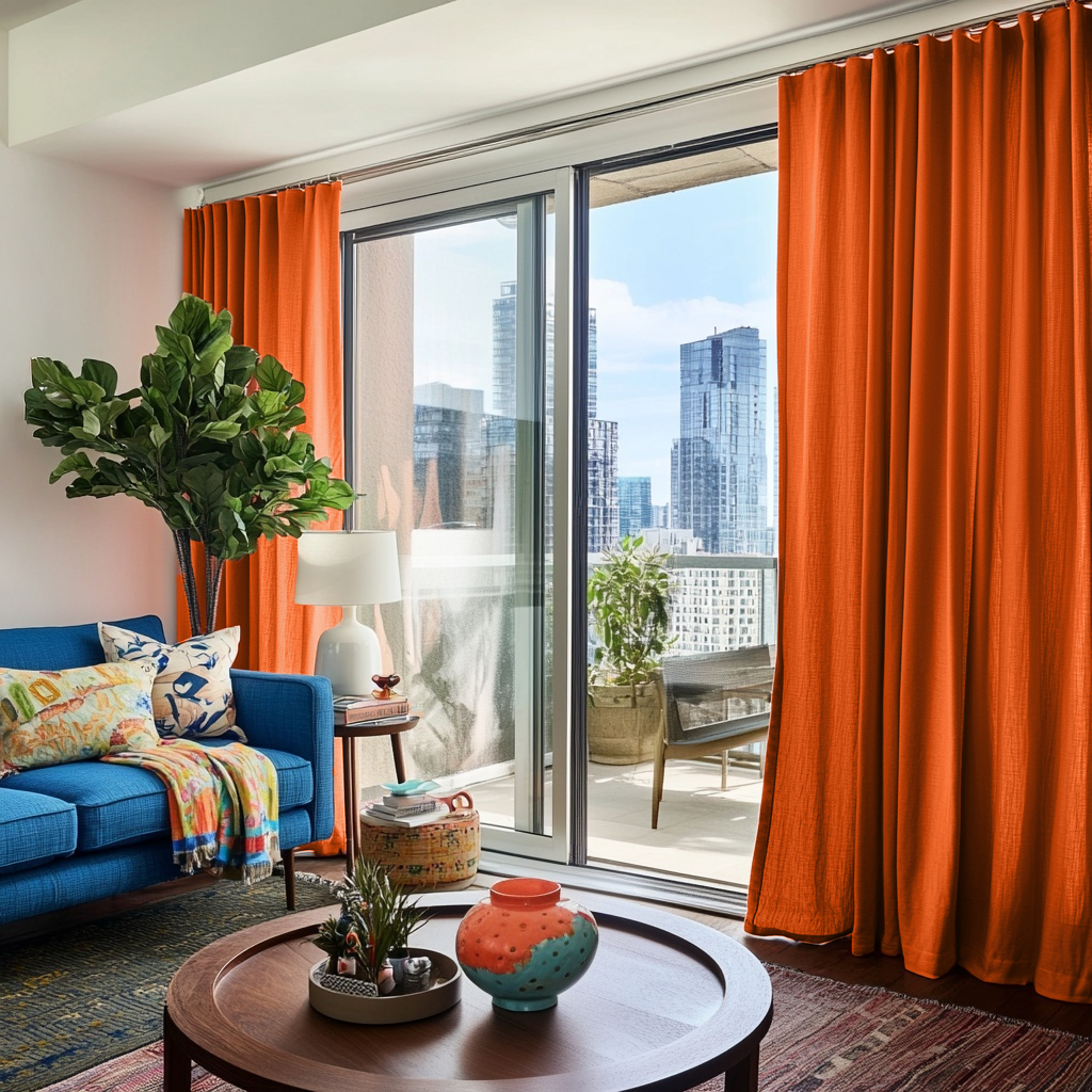 Burnt Orange Linen S-Fold Curtains for Sliding Doors in a Living Room with White Walls - Cotton Lining
