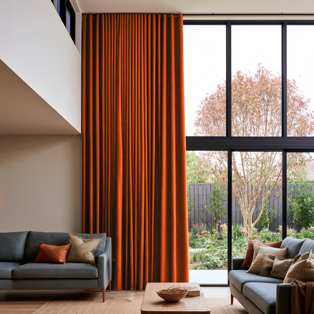 Burnt Orange Linen S-Fold Extra Long Curtains in a Contemporary Living Room with Grey Sofas and Floor-to-Ceiling Garden Windows