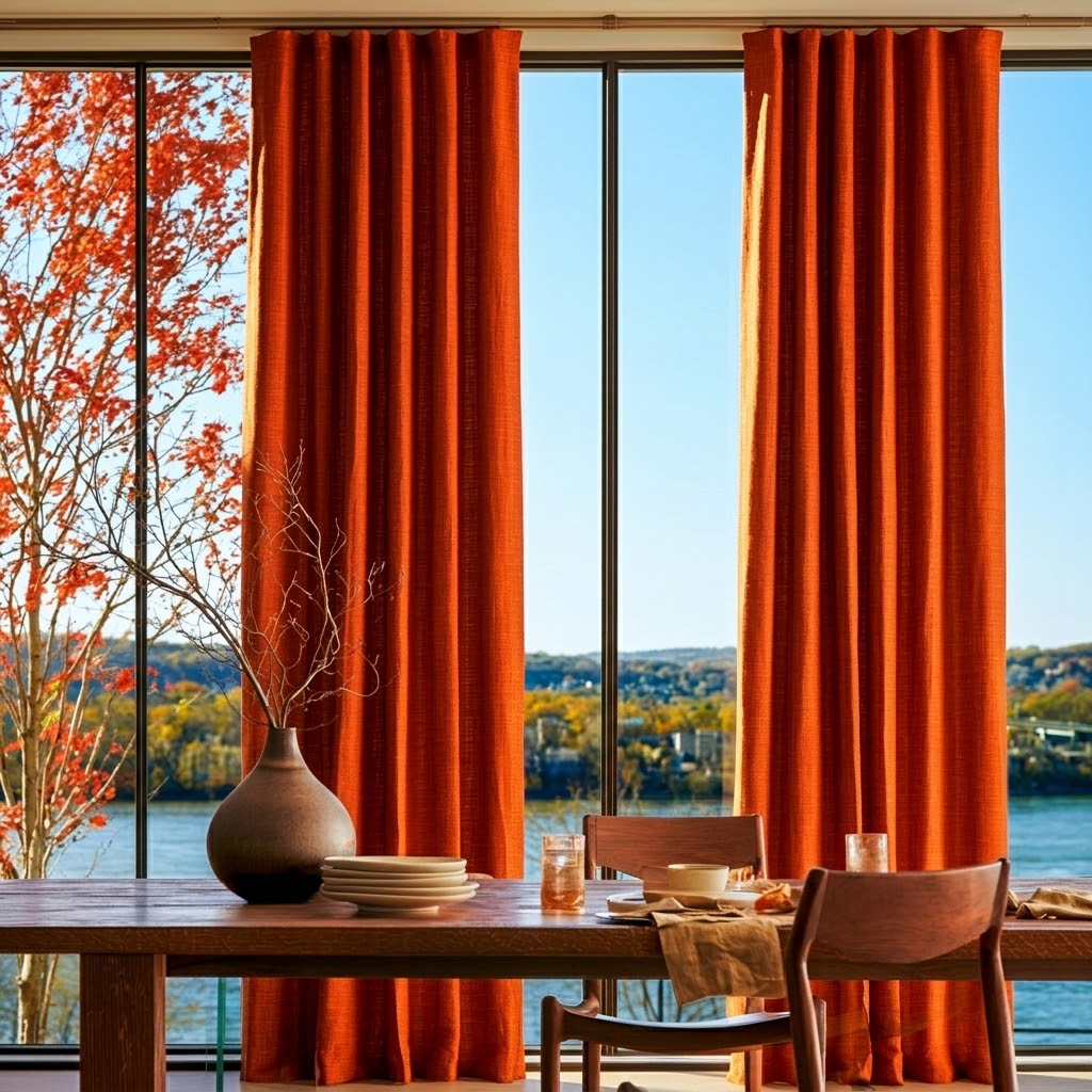 Burnt Orange Linen S-Fold Curtains in a Minimalist Dining Room with Off-White Walls and a Long Wooden Table Paired with Mid-Century Chairs - Blackout Lining
