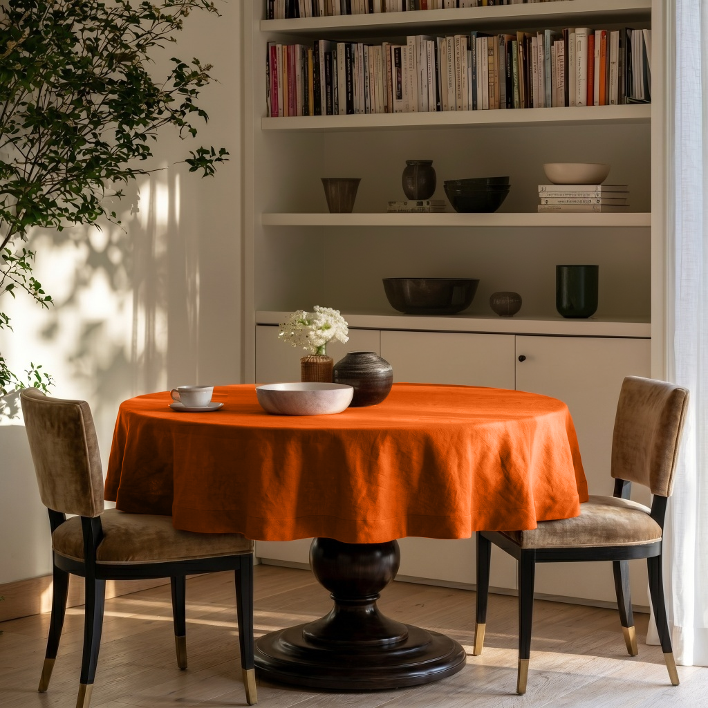 Burnt Orange Linen Round Tablecloth in a Cozy Dining Room with White Built-In Shelving and Tan Velvet Chairs