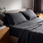 Charcoal Dark Grey Washed Linen Deep Pocket Fitted Sheet Set 