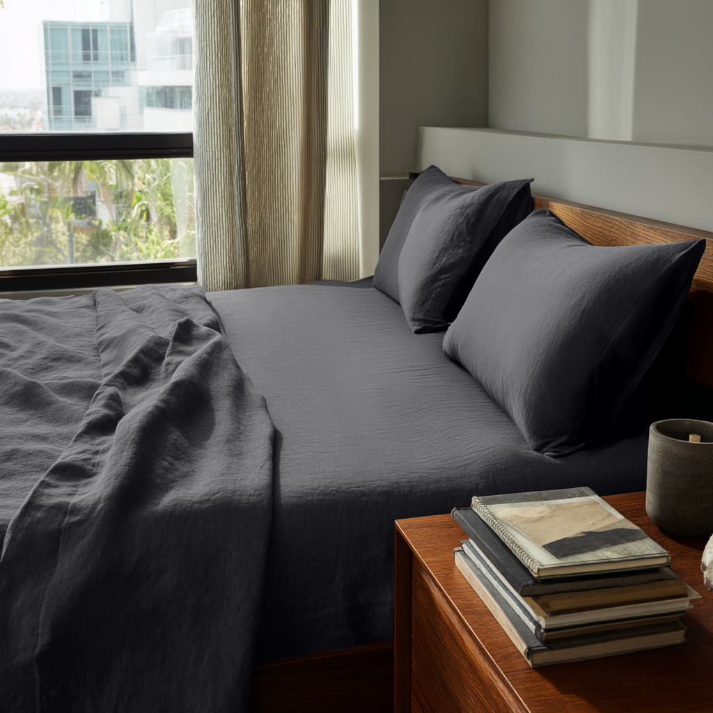 Charcoal Dark Grey Washed Linen Deep Pocket Fitted Sheet Set 