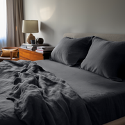 Charcoal Dark Grey Washed Linen Deep Pocket Fitted Sheet Set 