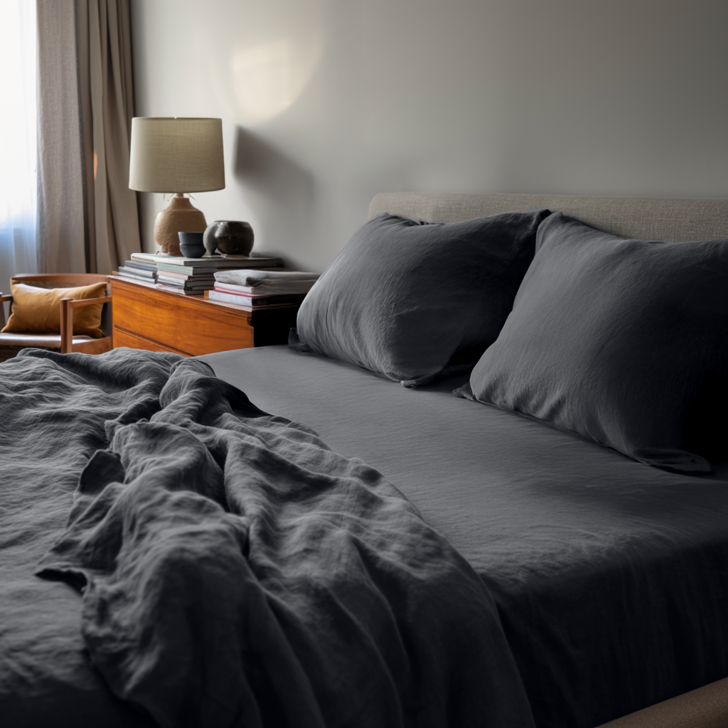 Charcoal Dark Grey Washed Linen Deep Pocket Fitted Sheet Set 