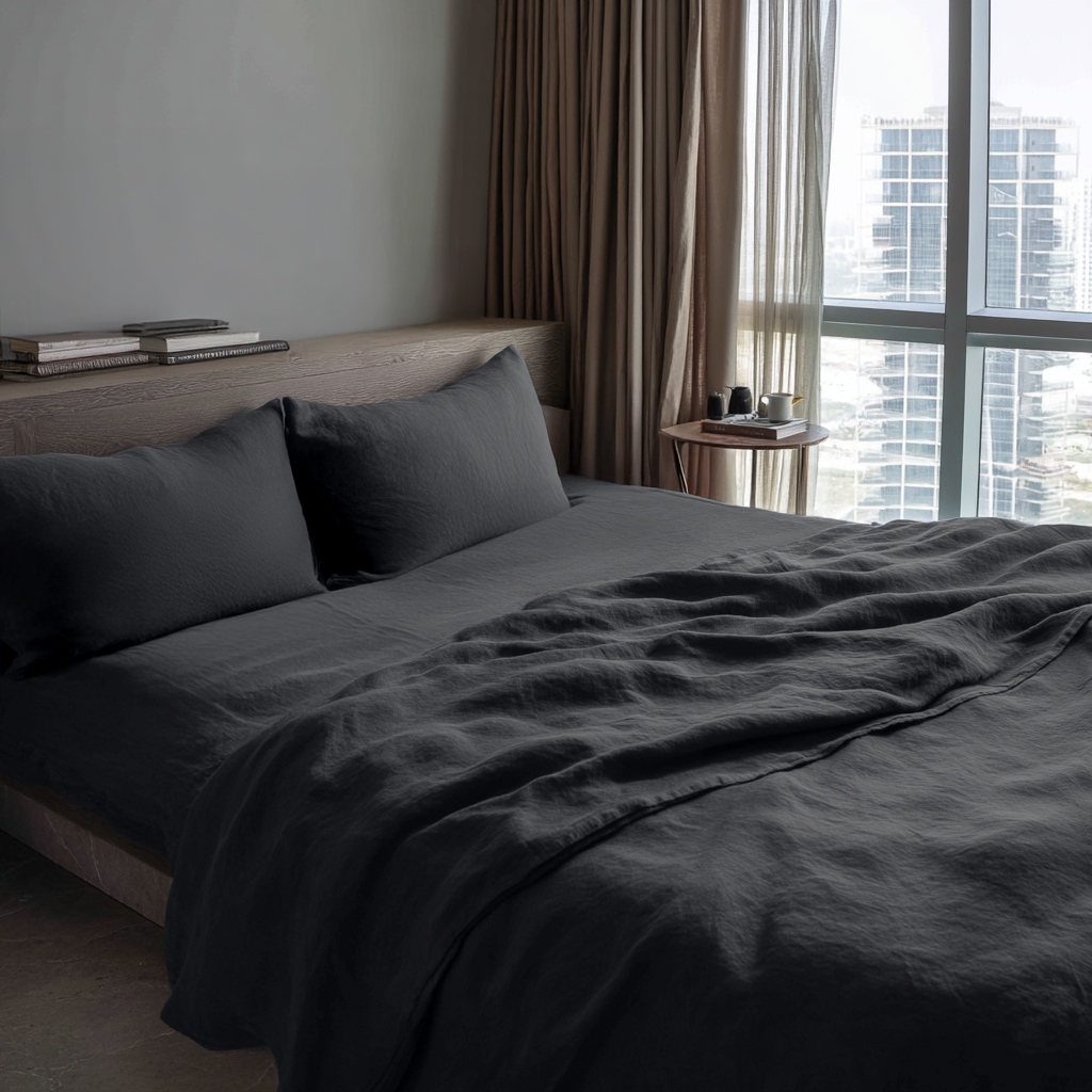 Charcoal Dark Grey Washed Linen Deep Pocket Fitted Sheet Set 