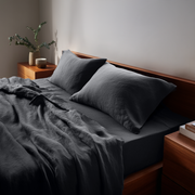 Charcoal Dark Grey Washed Linen Deep Pocket Fitted Sheet Set 