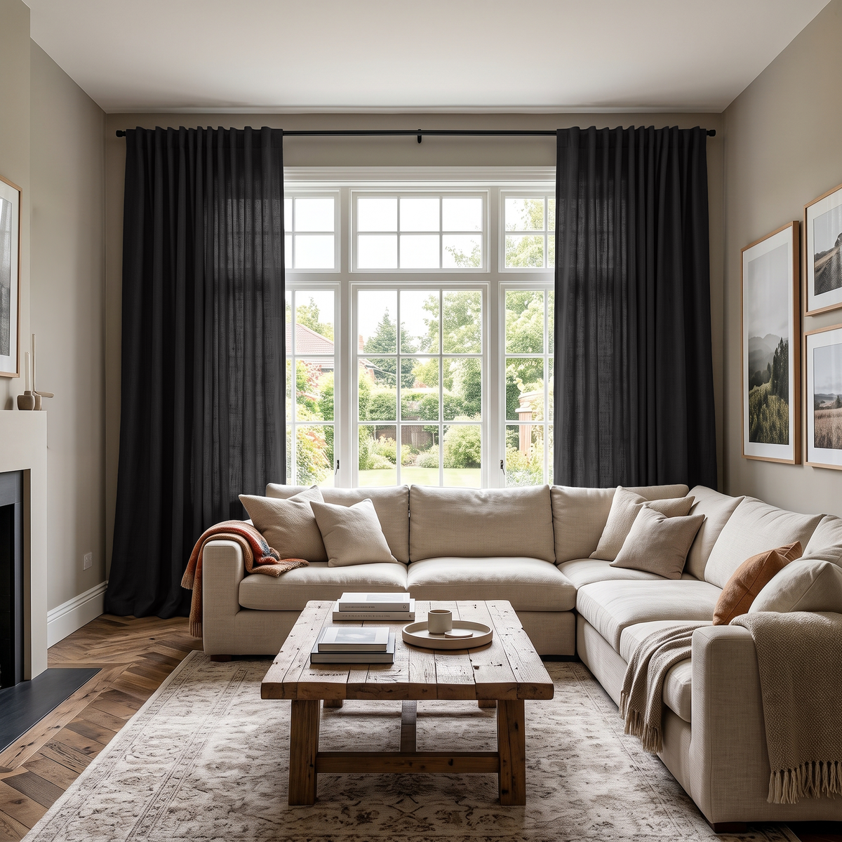 Charcoal Grey Back Tab Extra Long Curtains in a Contemporary Living Room with a Garden View and Warm Wood Accents