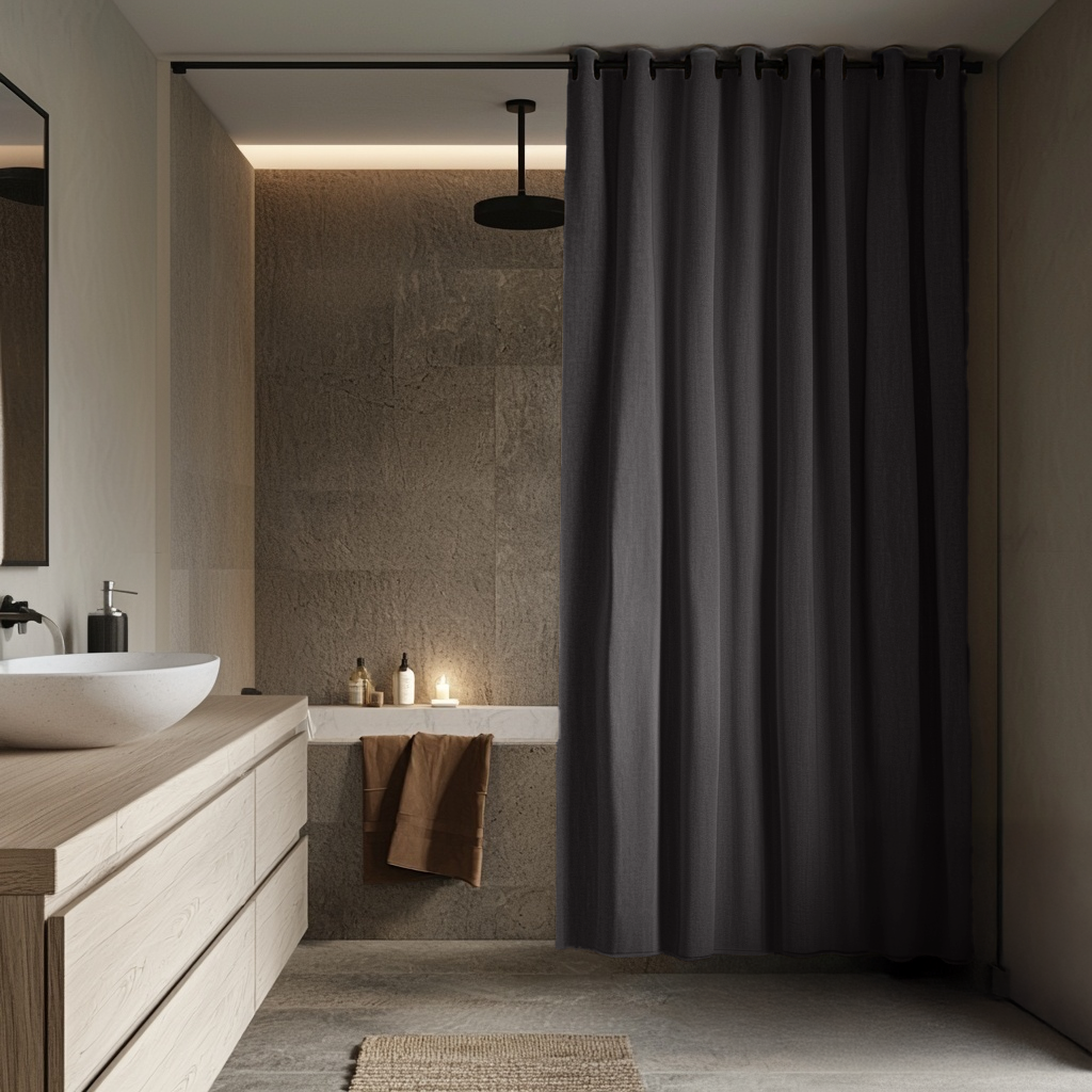 Charcoal Hookless Linen Shower Curtain