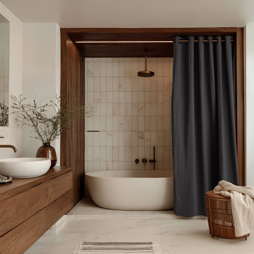 Charcoal Hookless Linen Waterproof Shower Curtain