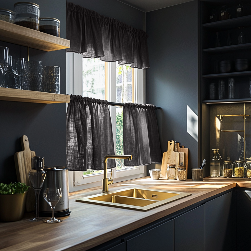 Charcoal Grey Linen Cafe Curtains Valance Set