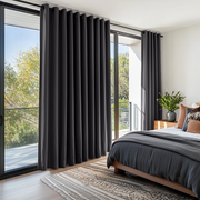 Charcoal Grey Linen Grommet Curtains in a Modern Bedroom with Soft White Walls and Natural Wood Accents - Blackout Lining