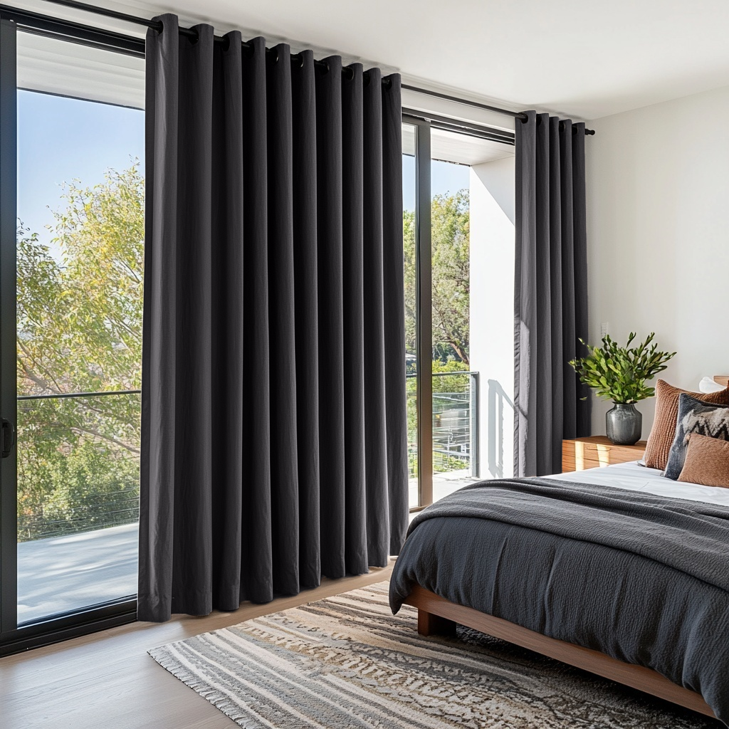 Charcoal Grey Linen Grommet Curtains in a Modern Bedroom with Soft White Walls and Natural Wood Accents - Blackout Lining