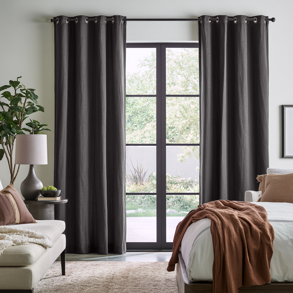 Charcoal Grey Linen Grommet Extra Long Curtains in a Modern Bedroom with a Garden View and Neutral Decor