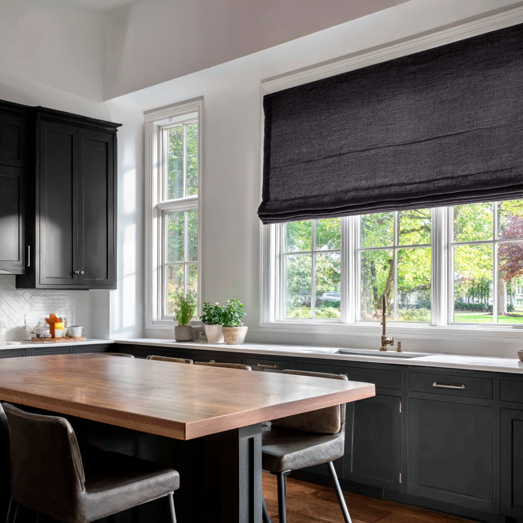Charcoal Grey Linen Roman Shades in a Contemporary Kitchen with Black Cabinetry - Cotton Lining