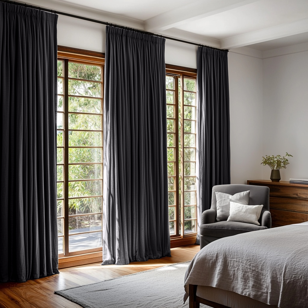 Charcoal Grey Linen Pencil Pleat Curtains in a Modern Bedroom with Warm Wood Accents - Blackout Lining