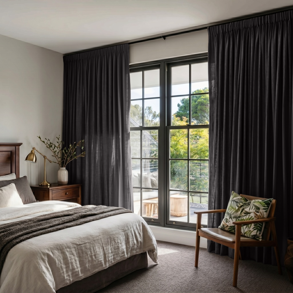 Charcoal Grey Linen Pencil Pleat Curtains in a Bright Bedroom