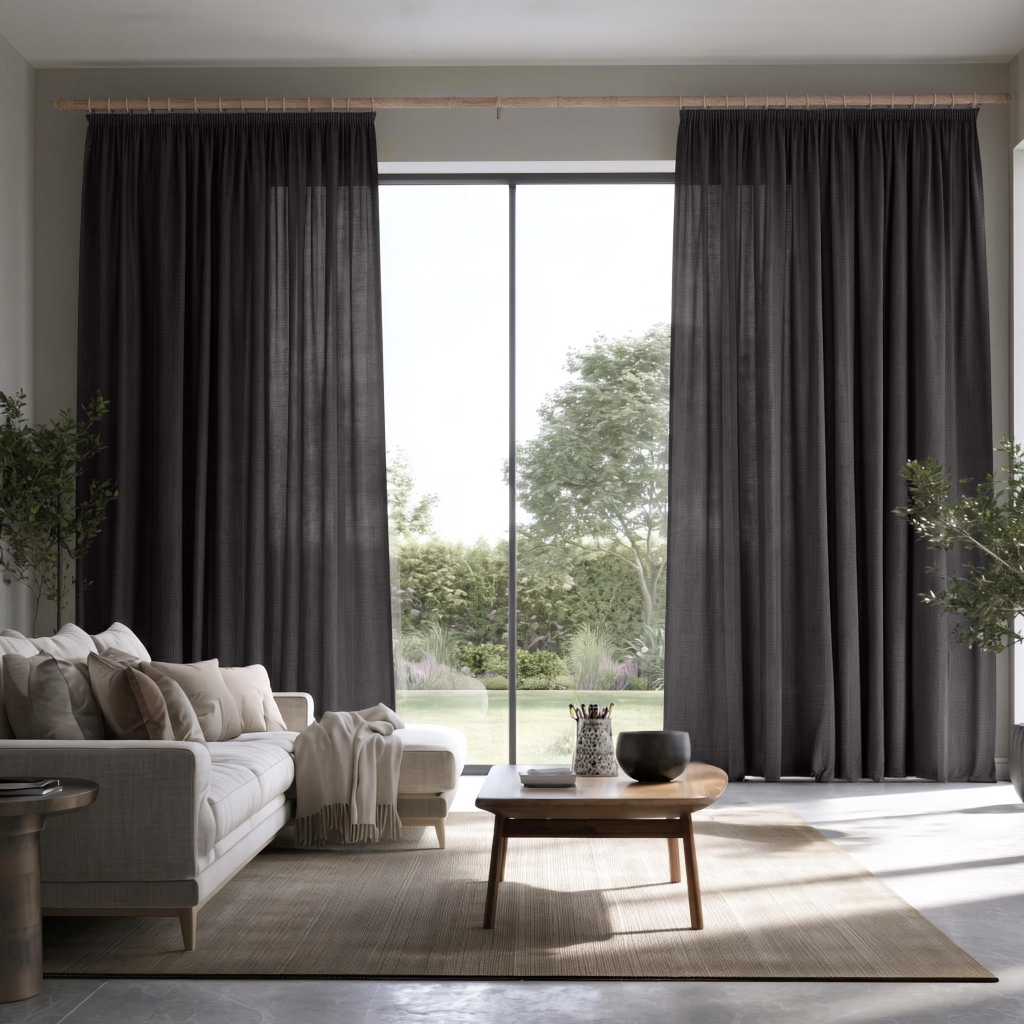 Charcoal Grey Linen Pencil Pleat Extra Long Curtains in a Contemporary Living Room with a Large Garden Window and Neutral Furniture
